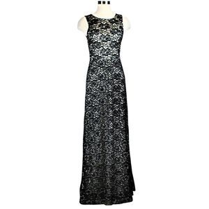 Grace Formal Gown Black & Silver Lace Overlay Illusion Sleeveless Dress Size Lg